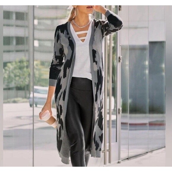 Boston Proper Black & Gray Camo Long Sleeve Duster Cardigan Women’s Size XXS - Picture 1 of 9